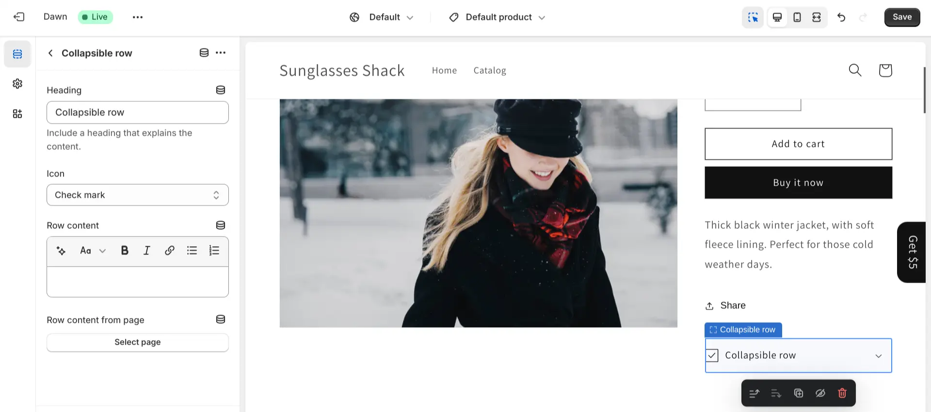 Many Shopify themes offer the “Collapsable Row” block.