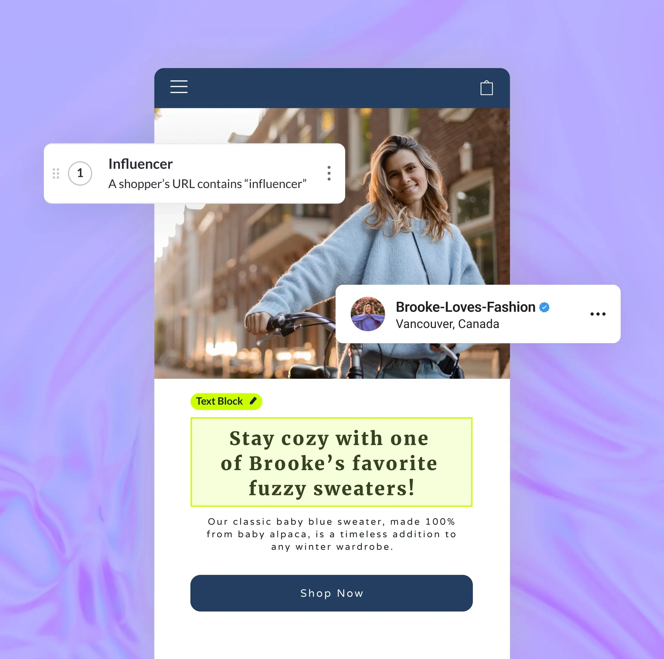 Personalized mobile ecommerce experience for shopper's visiting from influencer URL