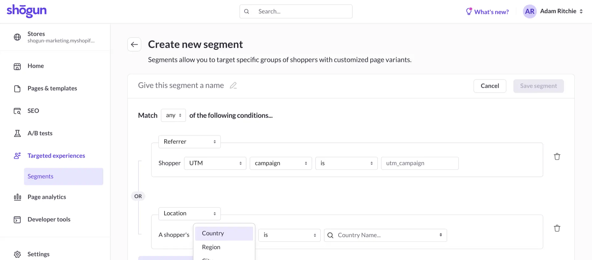 Shogun allows you to create audience segments using a variety of different conditions. 